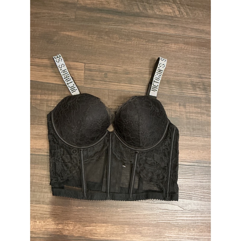 Victoria's Secret Corset Top Black Lace Shine Strap Bustier 34B
